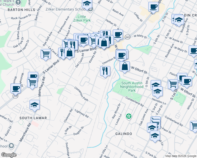 map of restaurants, bars, coffee shops, grocery stores, and more near 2509 Thornton Road in Austin