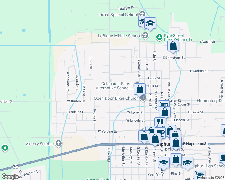 map of restaurants, bars, coffee shops, grocery stores, and more near 551 McBride St in Sulphur