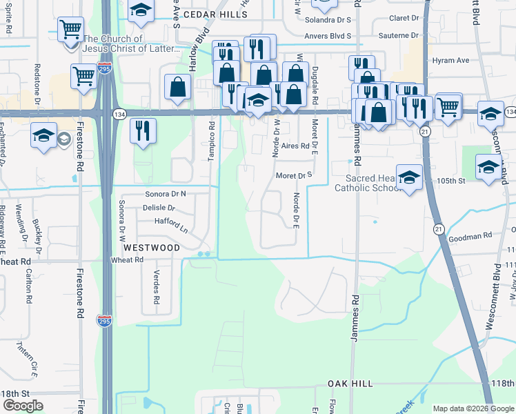 map of restaurants, bars, coffee shops, grocery stores, and more near 6605 Albicore Road in Jacksonville