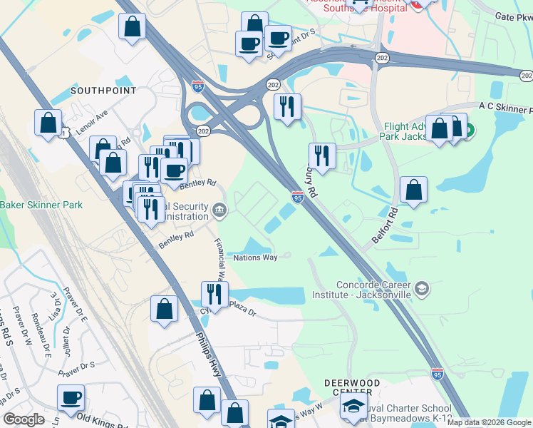 map of restaurants, bars, coffee shops, grocery stores, and more near Deer Lodge Circle in Jacksonville