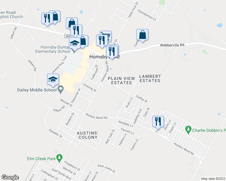 map of restaurants, bars, coffee shops, grocery stores, and more near 14805 Plain View Drive in Austin
