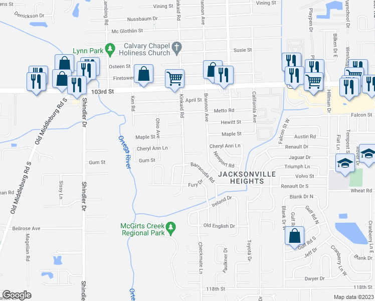 map of restaurants, bars, coffee shops, grocery stores, and more near 8377 Homeport Court in Jacksonville