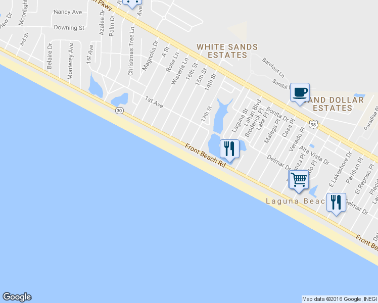 map of restaurants, bars, coffee shops, grocery stores, and more near 20001 Front Beach Road in Panama City