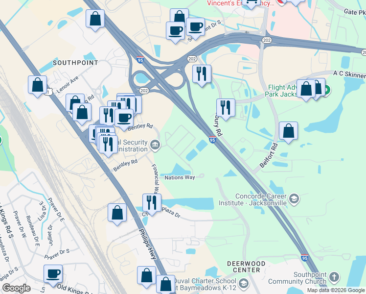 map of restaurants, bars, coffee shops, grocery stores, and more near 7068 Deer Lodge Circle in Jacksonville
