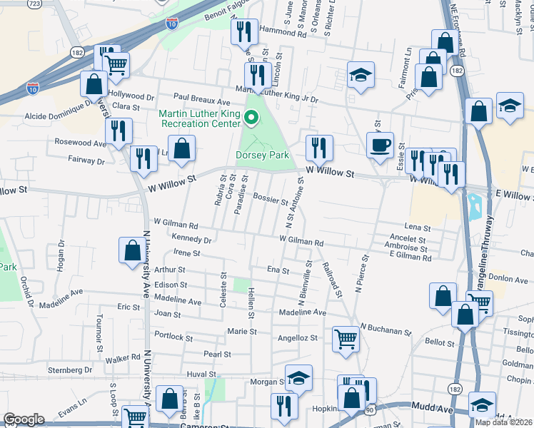 map of restaurants, bars, coffee shops, grocery stores, and more near 119 Harmony Street in Lafayette