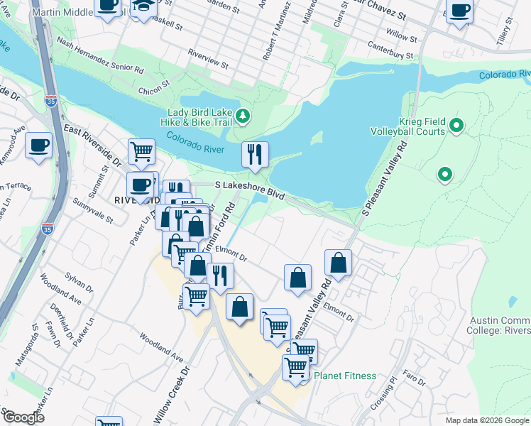 map of restaurants, bars, coffee shops, grocery stores, and more near Lady Bird Lane in Austin