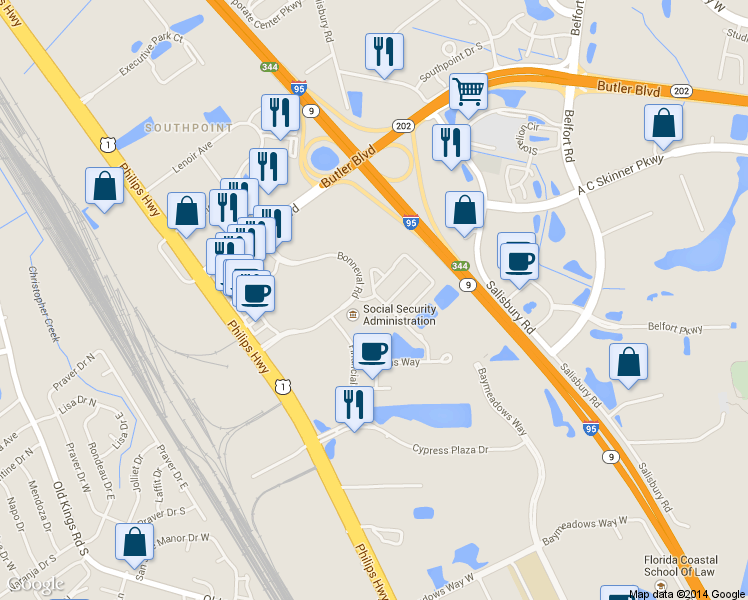 map of restaurants, bars, coffee shops, grocery stores, and more near 8200 White Falls Boulevard in Jacksonville