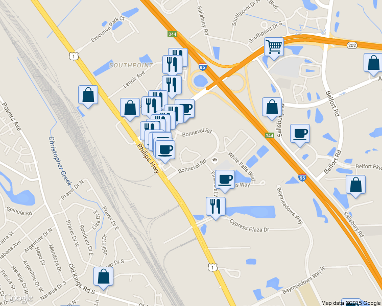 map of restaurants, bars, coffee shops, grocery stores, and more near 7151 Deerfoot Circle in Jacksonville