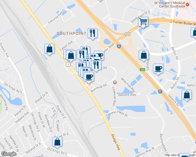 map of restaurants, bars, coffee shops, grocery stores, and more near 7217 Deerfoot Point Circle in Jacksonville