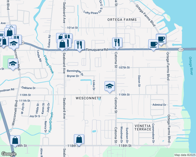 map of restaurants, bars, coffee shops, grocery stores, and more near 5799 Calvary Drive in Jacksonville