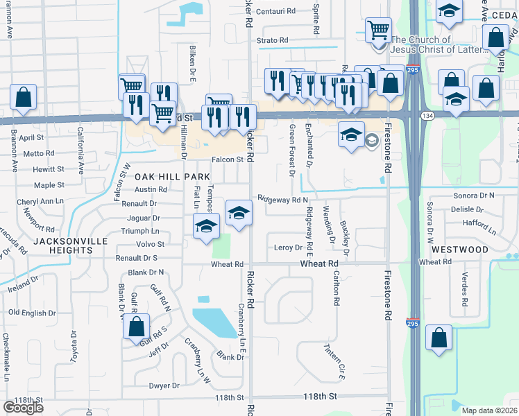 map of restaurants, bars, coffee shops, grocery stores, and more near 5824 Legrande Street South in Jacksonville