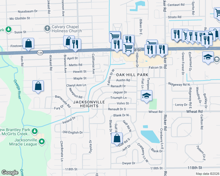 map of restaurants, bars, coffee shops, grocery stores, and more near 8015 Jaguar Drive in Jacksonville