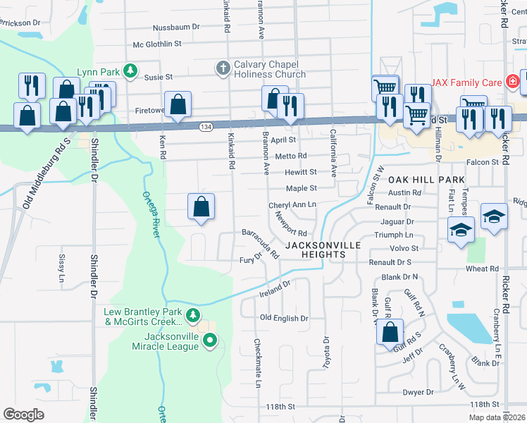 map of restaurants, bars, coffee shops, grocery stores, and more near 8304 Homeport Court in Jacksonville