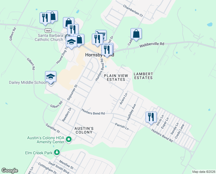 map of restaurants, bars, coffee shops, grocery stores, and more near 14805 Plain View Drive in Austin