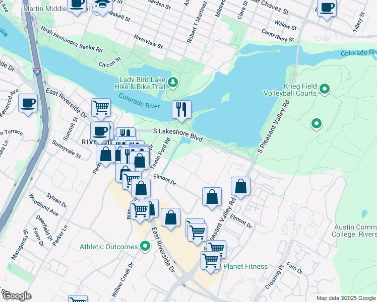 map of restaurants, bars, coffee shops, grocery stores, and more near 2300 Waterloo City Lane in Austin