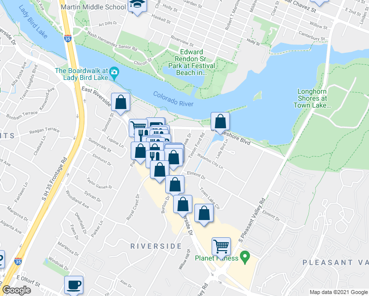 map of restaurants, bars, coffee shops, grocery stores, and more near 1333 Shore District Drive in Austin