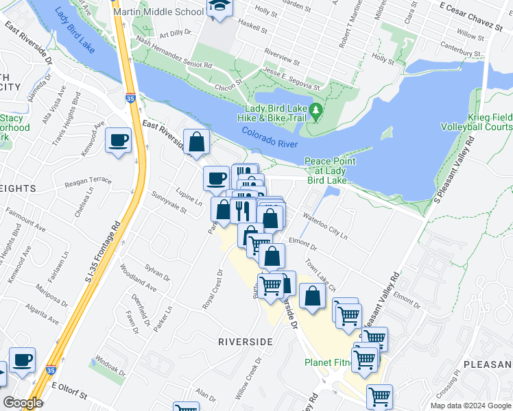 map of restaurants, bars, coffee shops, grocery stores, and more near 1414 Shore District Drive in Austin