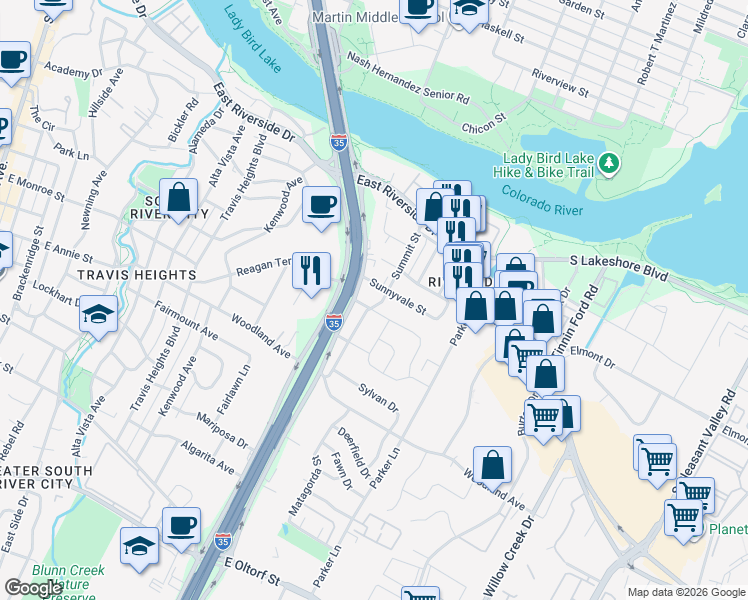 map of restaurants, bars, coffee shops, grocery stores, and more near 1600 Elmhurst Drive in Austin