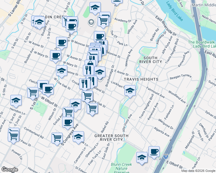 map of restaurants, bars, coffee shops, grocery stores, and more near 308 Terrace Drive in Austin