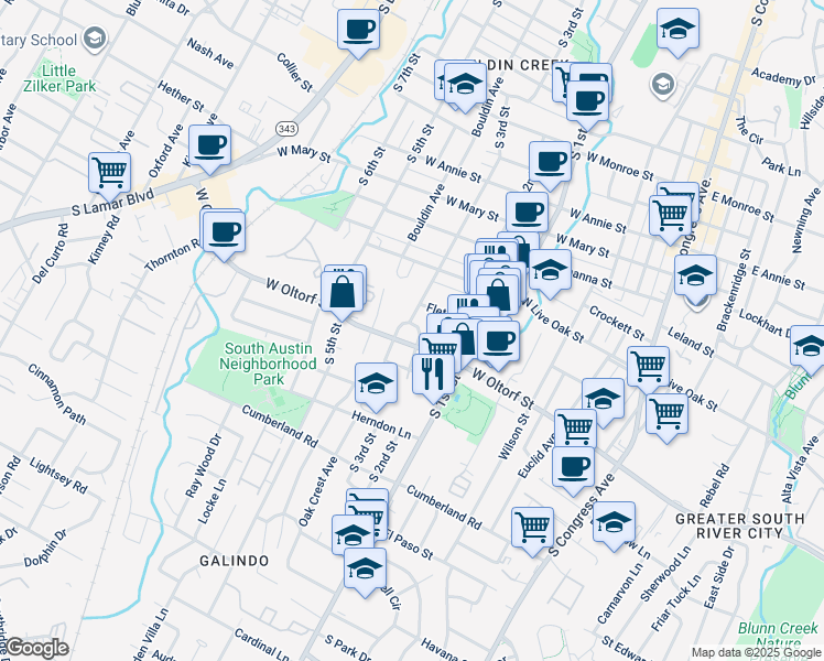 map of restaurants, bars, coffee shops, grocery stores, and more near 704 West Oltorf Street in Austin