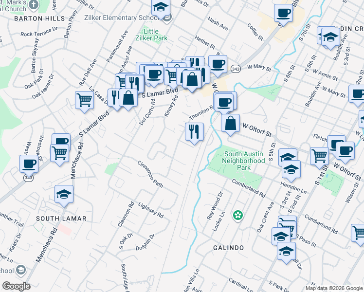 map of restaurants, bars, coffee shops, grocery stores, and more near 2509 Thornton Road in Austin