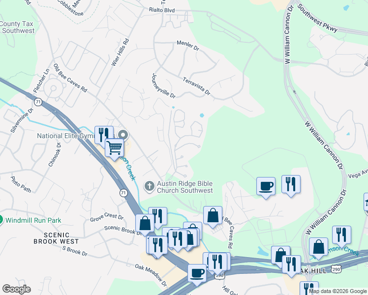 map of restaurants, bars, coffee shops, grocery stores, and more near 6219 Aviara Drive in Austin