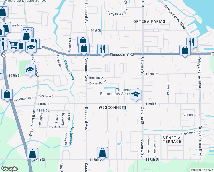 map of restaurants, bars, coffee shops, grocery stores, and more near 5564 Bennington Drive in Jacksonville