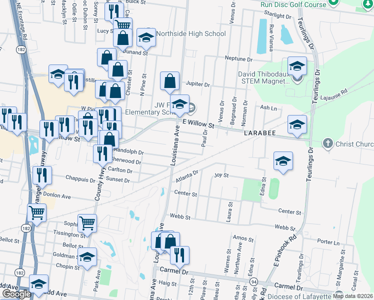 map of restaurants, bars, coffee shops, grocery stores, and more near 331 Randolph Drive in Lafayette