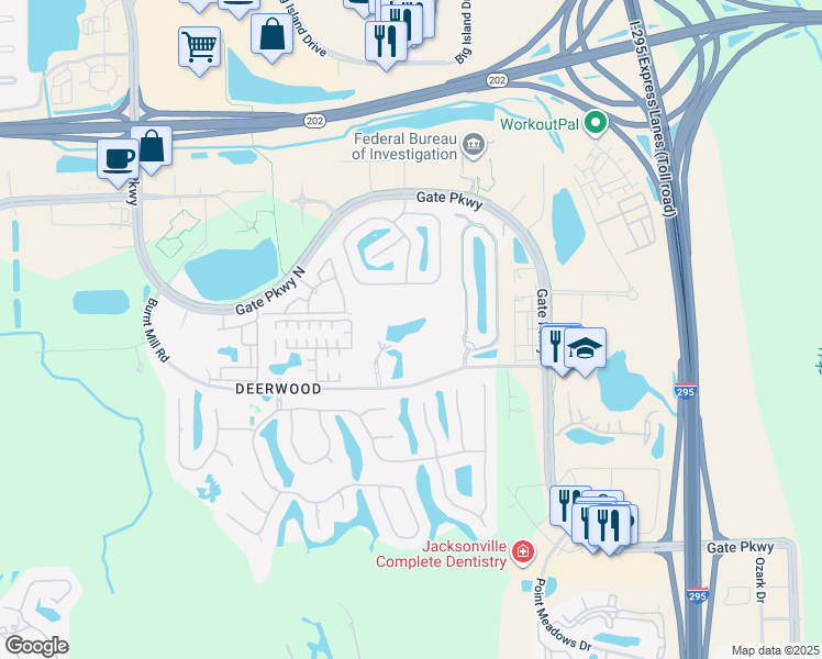 map of restaurants, bars, coffee shops, grocery stores, and more near 10961 Burnt Mill Road in Jacksonville