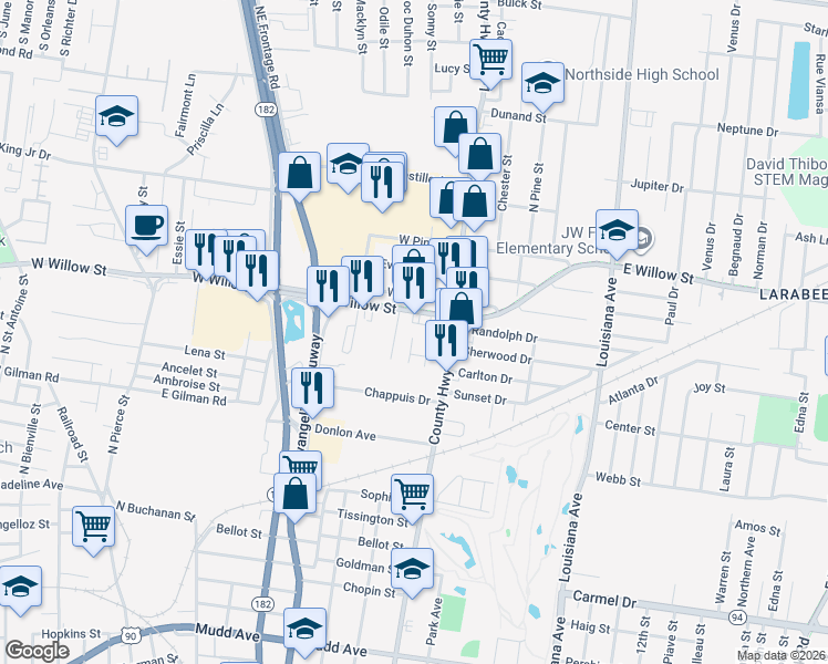 map of restaurants, bars, coffee shops, grocery stores, and more near 110 Blanchard Street in Lafayette
