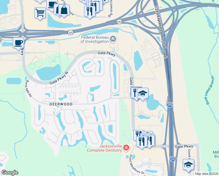 map of restaurants, bars, coffee shops, grocery stores, and more near 7576 Scarlet Ibis Lane in Jacksonville