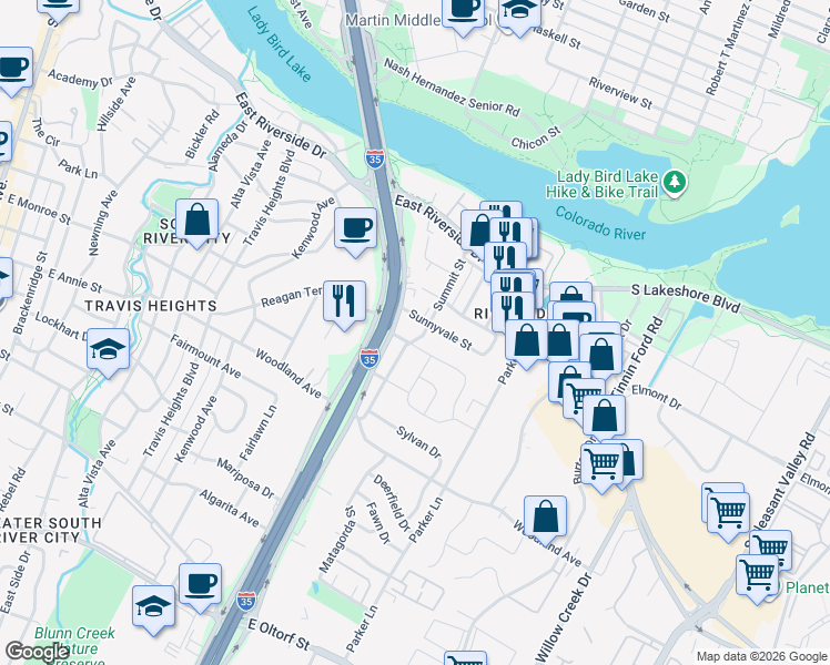 map of restaurants, bars, coffee shops, grocery stores, and more near 1600 Elmhurst Drive in Austin