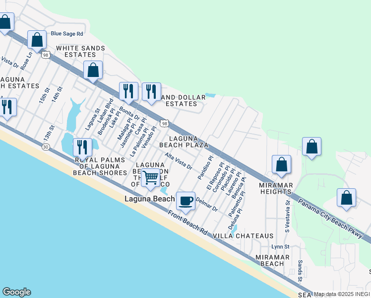 map of restaurants, bars, coffee shops, grocery stores, and more near 19424 Toledo Place in Panama City Beach
