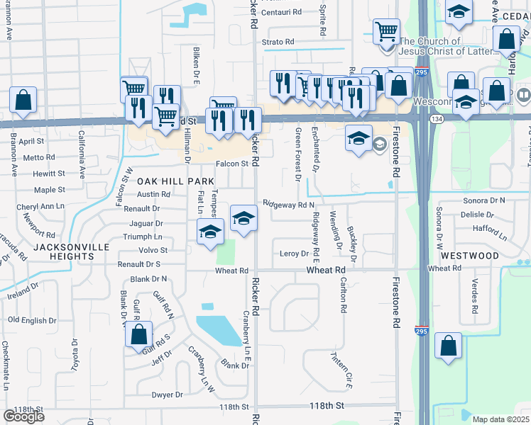 map of restaurants, bars, coffee shops, grocery stores, and more near 5824 Legrande Street South in Jacksonville