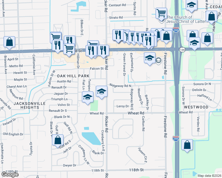 map of restaurants, bars, coffee shops, grocery stores, and more near 5814 Legrande Street South in Jacksonville