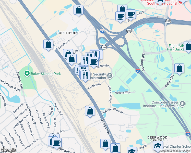 map of restaurants, bars, coffee shops, grocery stores, and more near 7151 Deerfoot Circle in Jacksonville