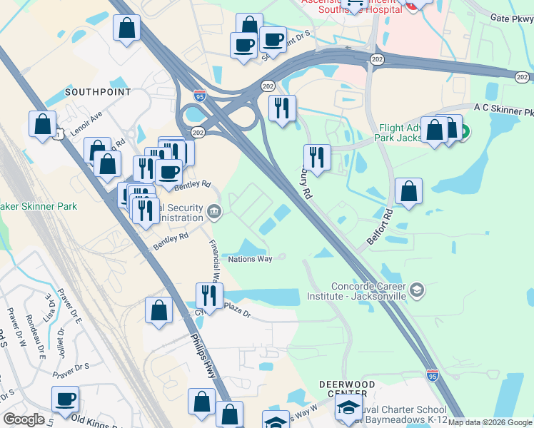 map of restaurants, bars, coffee shops, grocery stores, and more near 7063 Deer Lodge Circle in Jacksonville