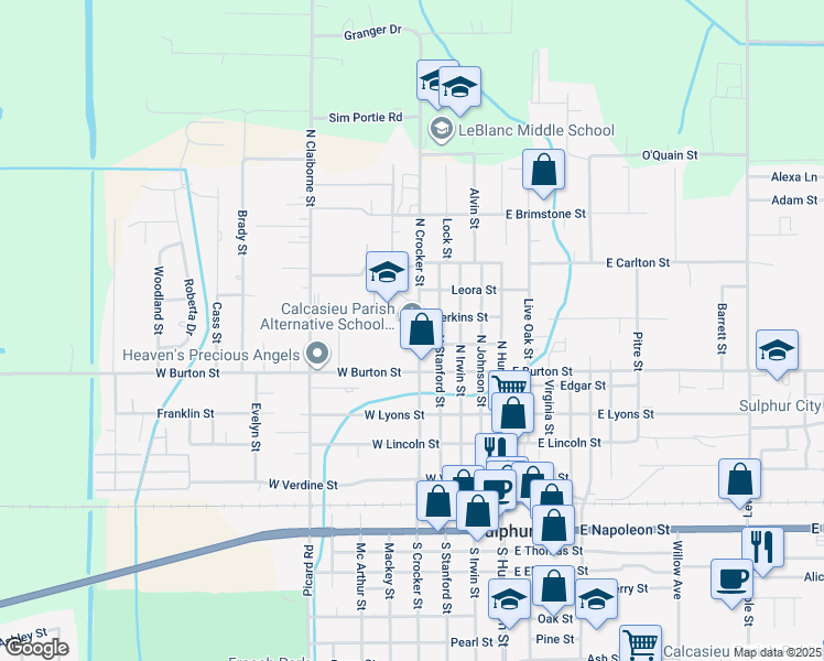map of restaurants, bars, coffee shops, grocery stores, and more near 565 North Crocker Street in Sulphur