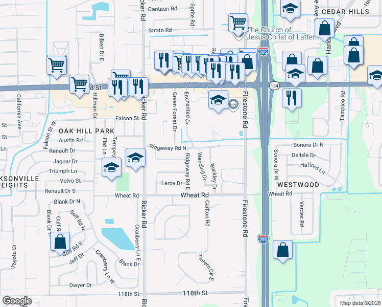 map of restaurants, bars, coffee shops, grocery stores, and more near 7407 Legrande Street South in Jacksonville