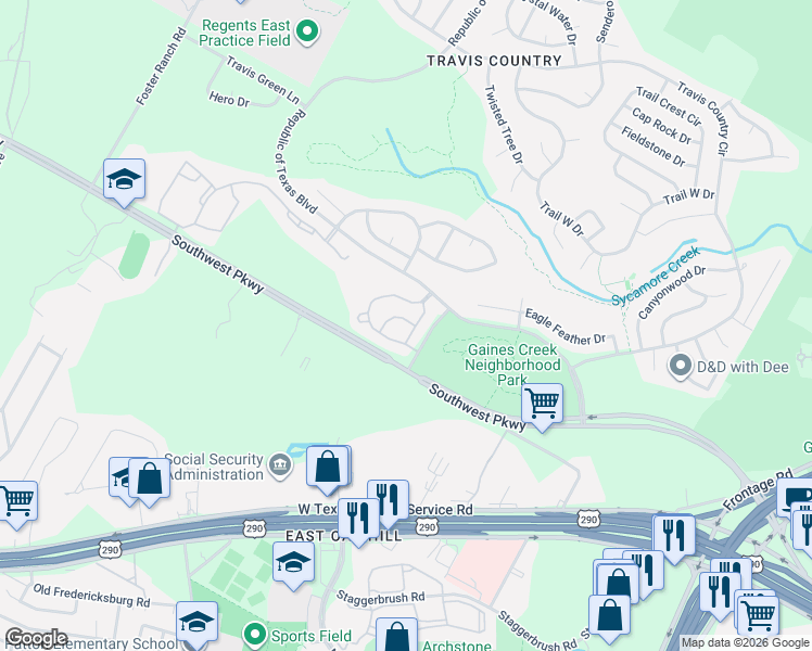 map of restaurants, bars, coffee shops, grocery stores, and more near 5000 Mission Oaks Boulevard in Austin