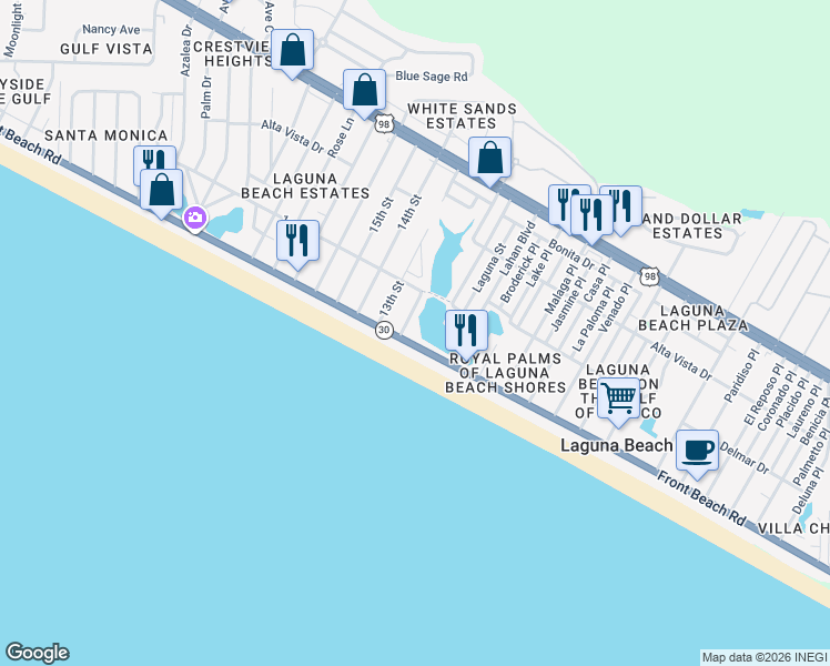 map of restaurants, bars, coffee shops, grocery stores, and more near 19978 Front Beach Road in Panama City