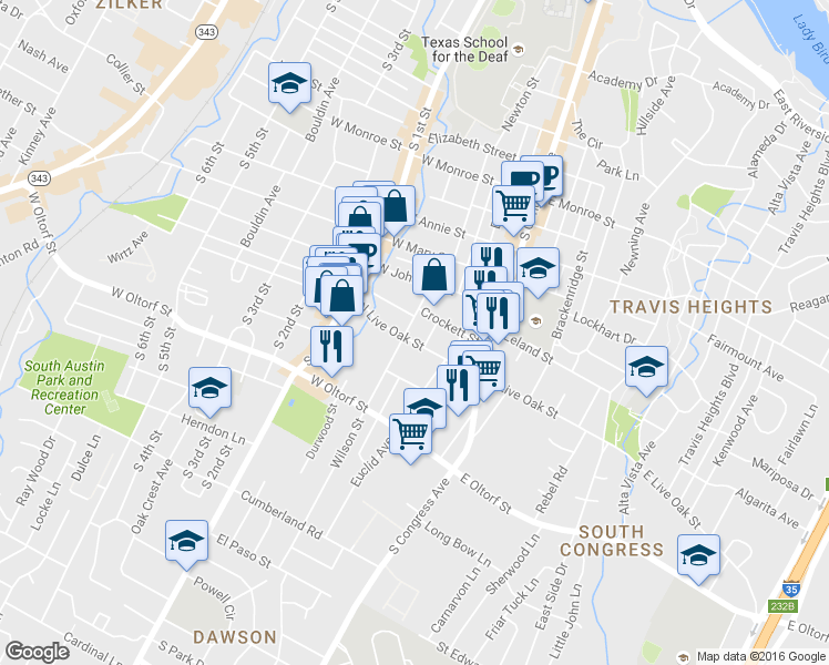 map of restaurants, bars, coffee shops, grocery stores, and more near 2111 Wilson Street in Austin