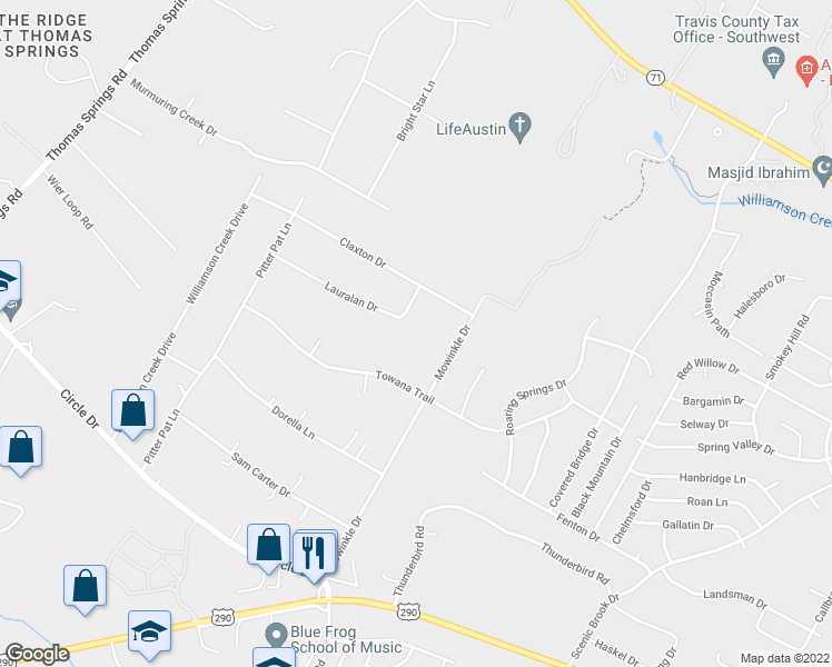 map of restaurants, bars, coffee shops, grocery stores, and more near 9207 Lauralan Drive in Austin