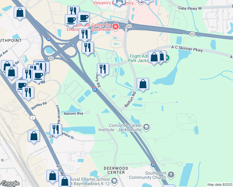 map of restaurants, bars, coffee shops, grocery stores, and more near 5210 Belfort Road in Jacksonville