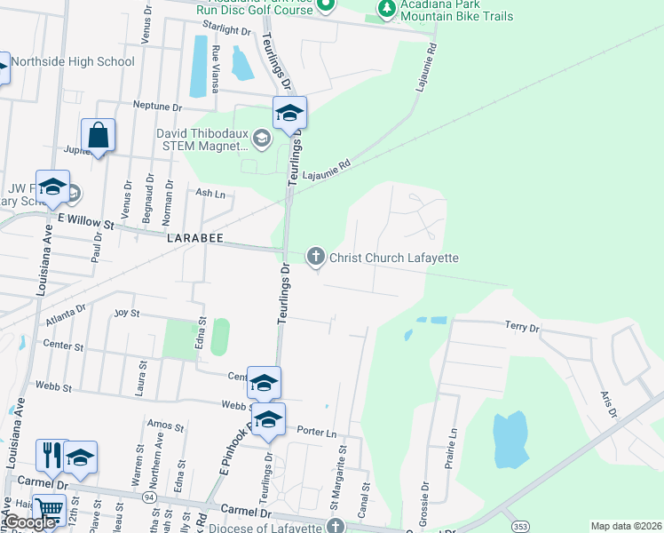 map of restaurants, bars, coffee shops, grocery stores, and more near 1737 Blanchet Drive in Lafayette