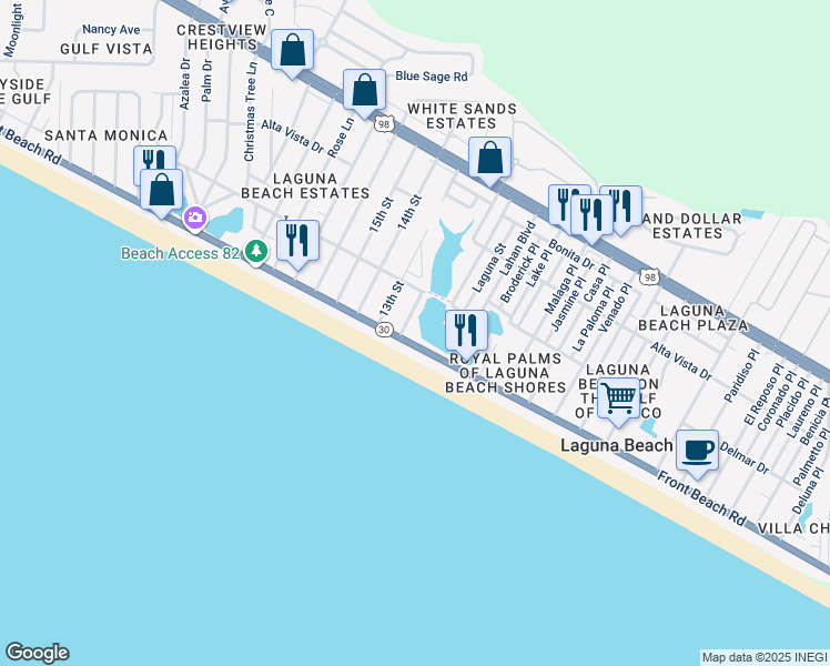 map of restaurants, bars, coffee shops, grocery stores, and more near 19978 Front Beach Road in Panama City