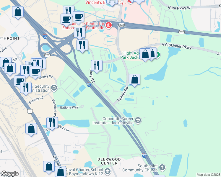 map of restaurants, bars, coffee shops, grocery stores, and more near 5210 Belfort Parkway in Jacksonville