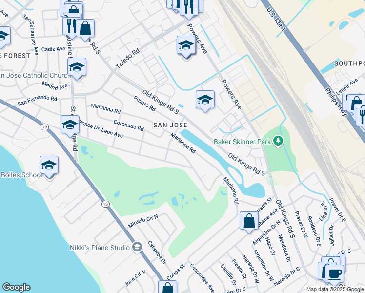 map of restaurants, bars, coffee shops, grocery stores, and more near 3923 Ponce De Leon Avenue in Jacksonville