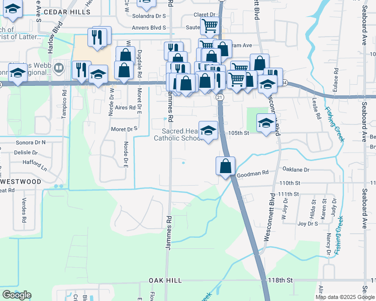 map of restaurants, bars, coffee shops, grocery stores, and more near 5833 Jammes Road in Jacksonville