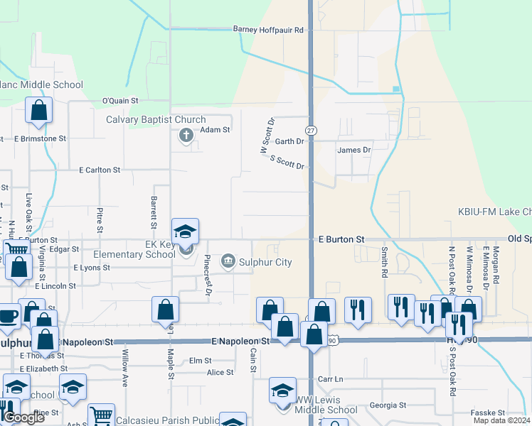 map of restaurants, bars, coffee shops, grocery stores, and more near 1301-1699 Julie Dr in Sulphur